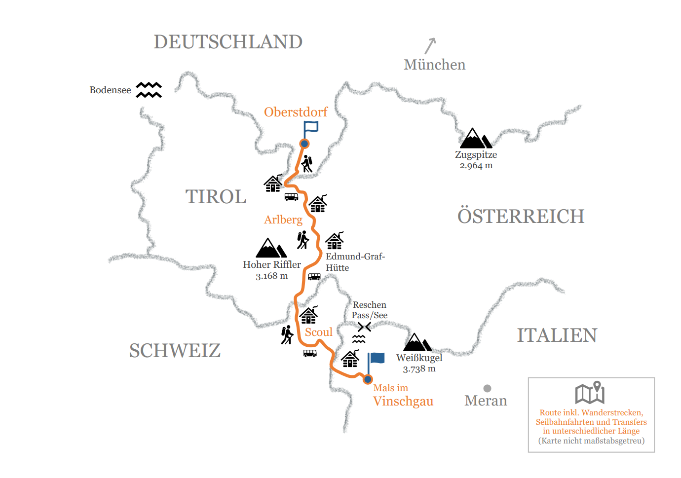 Routenplan: Hüttenwanderung vom Allgäu ins Vinschgau ohne Bergführer, die einsame & unbekannte Alpenüberquerung