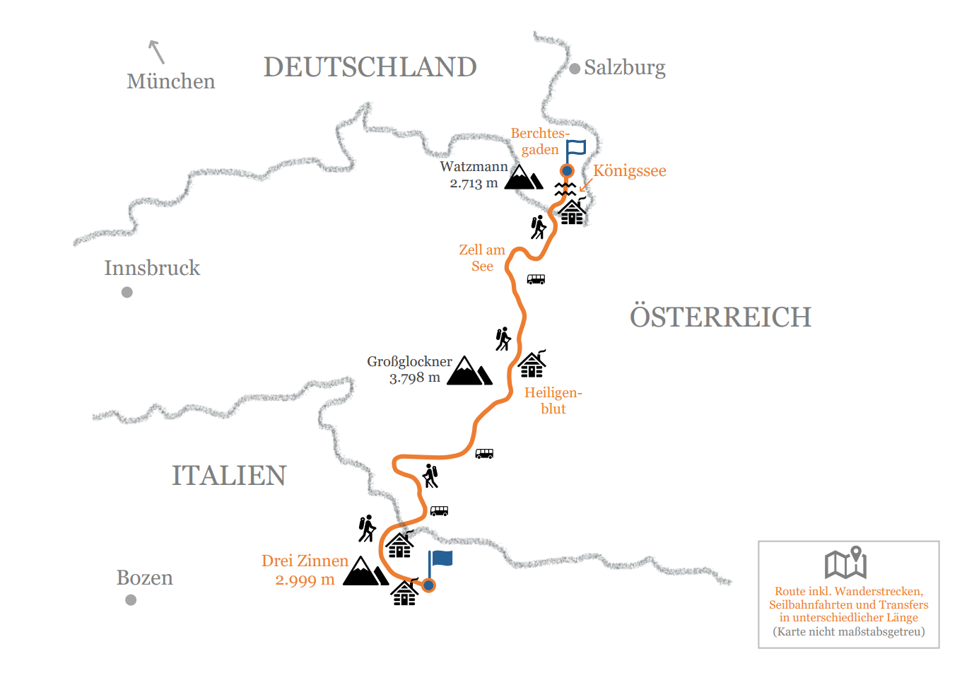 Routenplan: Vom Königssee bis zu den Drei Zinnen