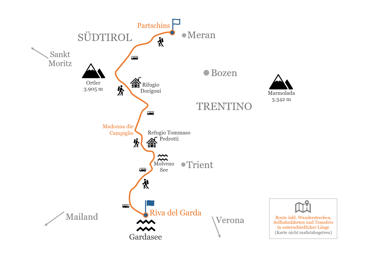 Routenplan: E5 Fortsetzung Meran — Gardasee mit Komfort und Gepäcktransport