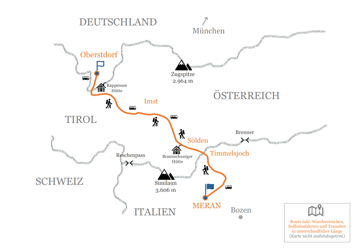 Routenplan: E5 gemütlich: mehr Zeit & mehr Genuss — die Alpenüberquerung mit Gepäcktransport
